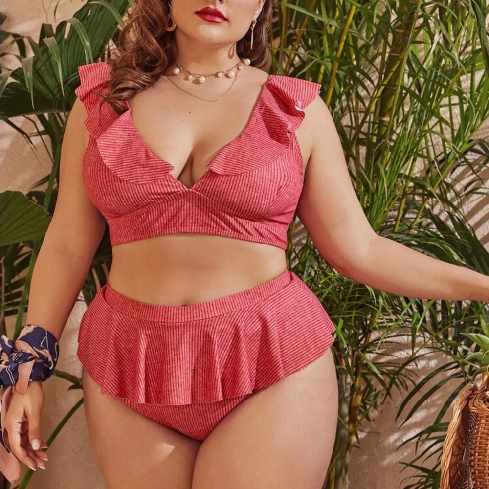 Plus Rib Ruffle High Waisted Bikini Swimsuit